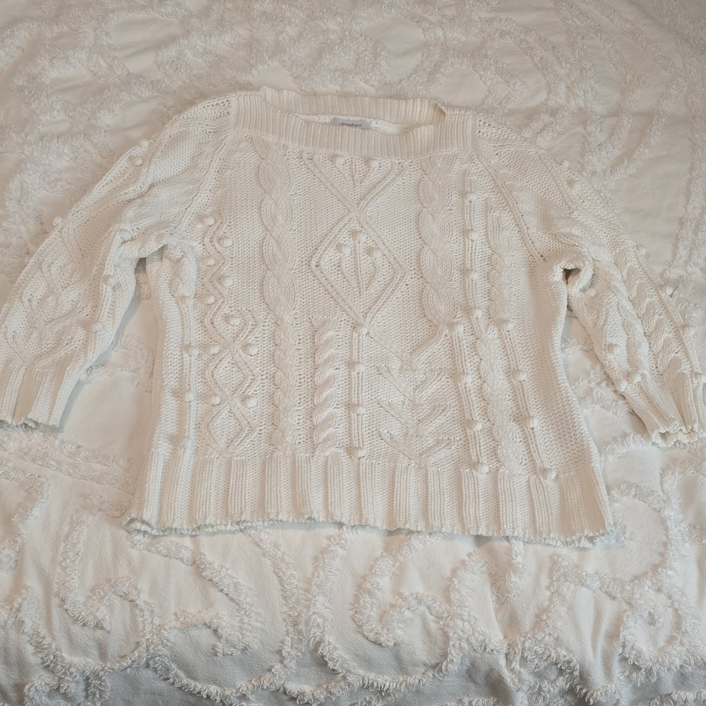 Dressbarn Women's Cream Textured Knit 3/4 Sleeve Sweater, Size L (1204)